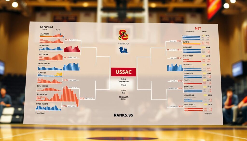A detailed analysis of KenPom and NET rankings displayed in an engaging bracketology format. In the foreground, include colorful charts and graphs illustrating statistical movements of various college basketball teams, with focus on the USC Trojans. In the middle, show a well-organized bracket layout with team logos and ranks clearly positioned. In the background, subtle hints of a gymnasium or a basketball court ambiance, softly blurred, creating an immersive sports atmosphere. Use bright, dynamic lighting to enhance focus on the charts while keeping the background gentle. The angle should be slightly tilted for a modern look, exuding a sense of excitement and urgency around NCAA Tournament predictions and performance analytics. A detailed analysis of KenPom and NET rankings displayed in an engaging bracketology format. In the foreground, include colorful charts and graphs illustrating statistical movements of various college basketball teams, with focus on the USC Trojans. In the middle, show a well-organized bracket layout with team logos and ranks clearly positioned. In the background, subtle hints of a gymnasium or a basketball court ambiance, softly blurred, creating an immersive sports atmosphere. Use bright, dynamic lighting to enhance focus on the charts while keeping the background gentle. The angle should be slightly tilted for a modern look, exuding a sense of excitement and urgency around NCAA Tournament predictions and performance analytics.