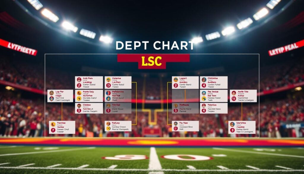 A detailed analysis of a USC football depth chart, showcasing a vibrant, professionally designed infographic. The foreground features key player positions outlined with distinct icons representing offensive and defensive roles. In the middle ground, a stylized depth chart displays several athletes' names and positions with color-coded backgrounds for easy reference. The background is a blurred image of the USC football field, accentuated by stadium lights casting an energetic glow, creating a sense of excitement. The overall atmosphere is one of anticipation and analysis, with a focus on strategy and team dynamics. Use a wide-angle view to capture the depth chart's details clearly while maintaining an engaging composition, ensuring the image is bright and visually appealing. A detailed analysis of a USC football depth chart, showcasing a vibrant, professionally designed infographic. The foreground features key player positions outlined with distinct icons representing offensive and defensive roles. In the middle ground, a stylized depth chart displays several athletes' names and positions with color-coded backgrounds for easy reference. The background is a blurred image of the USC football field, accentuated by stadium lights casting an energetic glow, creating a sense of excitement. The overall atmosphere is one of anticipation and analysis, with a focus on strategy and team dynamics. Use a wide-angle view to capture the depth chart's details clearly while maintaining an engaging composition, ensuring the image is bright and visually appealing.