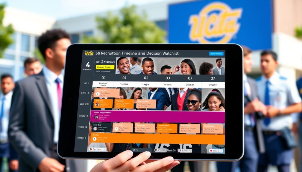 A detailed and organized visual representation of a recruitment timeline and decision watchlist for a collegiate sports team. In the foreground, a sleek digital tablet displays a colorful timeline with highlights of player commitments, visit dates, and decision milestones, featuring icons for each event. In the middle, a collage of diverse college athletes in professional sports attire, engaged in discussions or reviewing their options, conveys a sense of anticipation. The background features a campus setting with the UCLA Bruins logo subtly integrated into the design, capturing a vibrant, competitive atmosphere. Soft, natural lighting enhances the professionalism of the setting, with a slight depth of field to focus attention on the tablet while blurring the background figures. The overall mood is dynamic and optimistic, reflecting the excitement of the upcoming recruitment season. A detailed and organized visual representation of a recruitment timeline and decision watchlist for a collegiate sports team. In the foreground, a sleek digital tablet displays a colorful timeline with highlights of player commitments, visit dates, and decision milestones, featuring icons for each event. In the middle, a collage of diverse college athletes in professional sports attire, engaged in discussions or reviewing their options, conveys a sense of anticipation. The background features a campus setting with the UCLA Bruins logo subtly integrated into the design, capturing a vibrant, competitive atmosphere. Soft, natural lighting enhances the professionalism of the setting, with a slight depth of field to focus attention on the tablet while blurring the background figures. The overall mood is dynamic and optimistic, reflecting the excitement of the upcoming recruitment season.