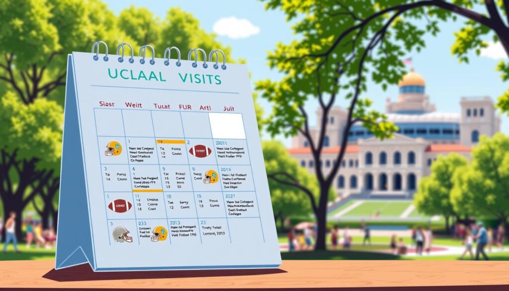 A detailed calendar illustration showcasing the UCLA football official visits schedule. In the foreground, a prominent calendar page with highlighted dates indicating visit events, featuring football-themed icons like helmets and footballs. The middle ground includes a subtle depiction of the iconic UCLA campus architecture, with the backdrop capturing a sunny day, emphasizing the school spirit. The background features lush green trees and hints of the stadium, creating a vibrant atmosphere. The lighting is bright and inviting, suggesting a hopeful and exciting mood for potential recruits. The overall composition should be clean, professional, and visually engaging, suitable for an article section on recruiting visits, without any text or distractions. A detailed calendar illustration showcasing the UCLA football official visits schedule. In the foreground, a prominent calendar page with highlighted dates indicating visit events, featuring football-themed icons like helmets and footballs. The middle ground includes a subtle depiction of the iconic UCLA campus architecture, with the backdrop capturing a sunny day, emphasizing the school spirit. The background features lush green trees and hints of the stadium, creating a vibrant atmosphere. The lighting is bright and inviting, suggesting a hopeful and exciting mood for potential recruits. The overall composition should be clean, professional, and visually engaging, suitable for an article section on recruiting visits, without any text or distractions.
