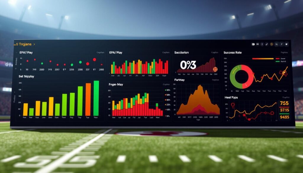 A dynamic advanced football metrics dashboard for USC Trojans in the Big Ten, showcasing analytical statistics like EPA/play, success rate, and SP+. The foreground features sleek, digital graphs with vibrant colors representing various performance metrics, illuminated as if by soft LED lighting. In the middle, visualizations include bar charts, line graphs, and heat maps, all designed in a cohesive, modern style, reflecting data trends. The background has a faint silhouette of a football stadium, adding context without distracting from the dashboard. The overall atmosphere is professional and high-tech, capturing the intensity of sports analytics while conveying a sense of data-driven decision-making. Ensure a sharp focus with a slight depth of field effect to emphasize the data visualization elements.