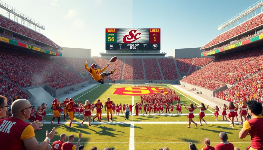 A dynamic and detailed illustration depicting the historical performance of USC football with and without key players. In the foreground, visualize a split screen: one side showing a victorious USC team celebrating on the field, while the other side illustrates a challenging game scenario where key players are absent. The middle ground features vivid stadium details, with fans in vibrant USC colors and cheerleaders engaged in spirited performances. In the background, a scoreboard reflects past game statistics, showcasing wins and losses for added context. Capture the scene in late afternoon lighting, casting long shadows and enhancing the atmosphere of excitement and tension. Use a wide-angle lens to create depth, focusing on the contrasting emotions of triumph and struggle that define sports history. A dynamic and detailed illustration depicting the historical performance of USC football with and without key players. In the foreground, visualize a split screen: one side showing a victorious USC team celebrating on the field, while the other side illustrates a challenging game scenario where key players are absent. The middle ground features vivid stadium details, with fans in vibrant USC colors and cheerleaders engaged in spirited performances. In the background, a scoreboard reflects past game statistics, showcasing wins and losses for added context. Capture the scene in late afternoon lighting, casting long shadows and enhancing the atmosphere of excitement and tension. Use a wide-angle lens to create depth, focusing on the contrasting emotions of triumph and struggle that define sports history.