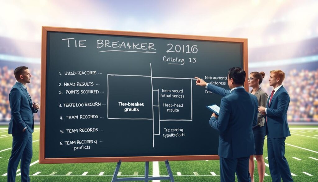 A dynamic and informative illustration of the football tiebreakers decision process, set in a sports-themed environment. In the foreground, depict a large chalkboard or digital screen displaying a flowchart of various tiebreaker criteria, such as head-to-head results, points scored, and team records, in a clear and structured manner. In the middle ground, include a diverse group of professionals, dressed in business attire, actively discussing and analyzing the flowchart, with one individual pointing to a specific criterion. The background features a sports field, subtly blurred, to emphasize the analytical process. The lighting is bright and focused, highlighting the decision-making area, while creating an encouraging atmosphere of teamwork and critical thinking.