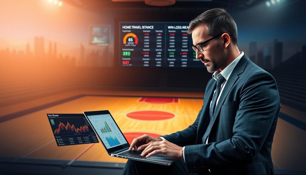 A dynamic and informative scene showcasing basketball analytics in the context of travel adjustments for high school teams. In the foreground, a professional analyst, dressed in smart casual attire, studies statistics on a laptop, with colorful graphs and charts displaying home and away performance metrics. The middle layer features a large digital board displaying key data points like travel distance and win-loss records. In the background, an abstract representation of a basketball court, softly illuminated by warm lighting, gives an immersive feel, while faint silhouettes of city skylines indicate different travel routes. The overall mood is focused and analytical, with a sense of intensity and professionalism, capturing the essence of strategy in sports analytics.