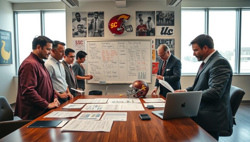A dynamic and thoughtful scene illustrating the "Portal vs High School Recruiting Balance" in USC football. In the foreground, a diverse group of college football coaches in professional attire examines a detailed recruitment plan on a stylish wooden table, with papers, charts, and a laptop displaying data on transfers and high school recruits. In the middle ground, a whiteboard filled with strategies, percentages, and graphs highlights key discussions, while a large USC football helmet adds a thematic touch. The background features a sports office environment with motivational posters and a wall showcasing historic USC football moments. The atmosphere is focused and strategic, illuminated by bright, natural light coming from large windows, capturing the essence of preparation and recruitment in college football.