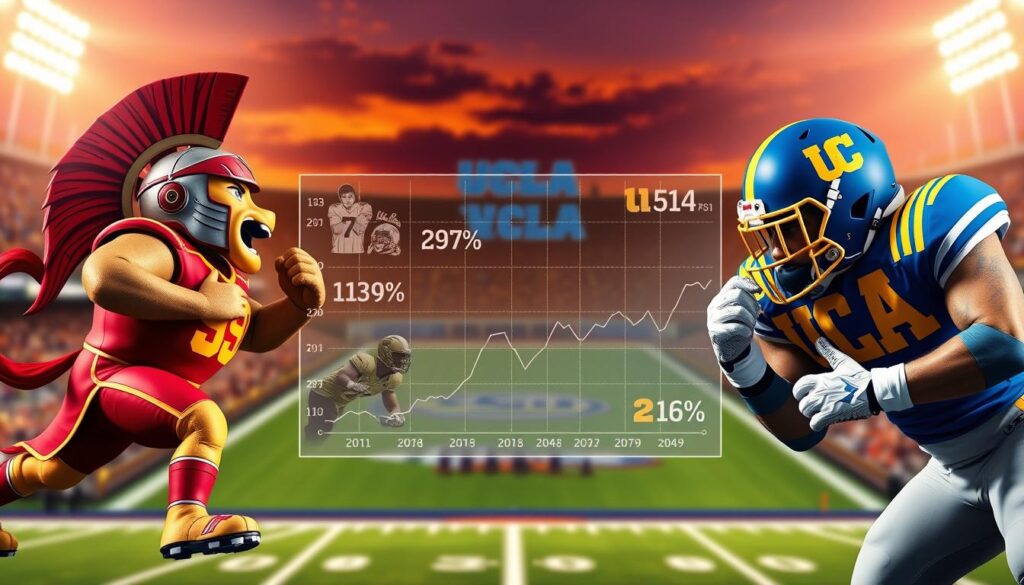 A dynamic and visually striking representation of the USC vs UCLA rivalry history projections, showcasing a split-screen design. On the left, the foreground features Trojan and Bruin mascots in action poses, decked in their respective colors of cardinal and gold for USC, and blue and gold for UCLA, symbolizing fierce competition. In the middle, illustrations of key historical moments in the rivalry, like iconic plays or celebrated players, blend seamlessly into a graph overlay displaying statistical projections and game outcomes, with vibrant red and blue lines for visibility. The background features a stylized stadium scene, capturing the electrifying atmosphere of game day, bathed in warm sunset lighting. The overall mood is intense and competitive, evoking the passion of college football rivalries, with sharp focus achieved through a slightly elevated angle to emphasize depth and excitement.
