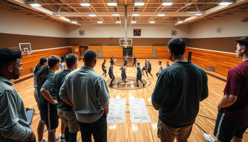 A dynamic basketball court scene depicting a strategic rotation and lineup trend. In the foreground, a diverse group of basketball players in modest casual attire huddles together, with visible diagrams and charts illustrating minute distribution and roles. In the middle ground, action unfolds as players engage in various positions on the court, demonstrating defensive and offensive strategies. The background features a well-lit gymnasium with hardwood flooring, bright overhead lights creating a professional, energetic atmosphere. The angle is slightly elevated, capturing both the strategic discussions and the ongoing plays. The overall mood conveys teamwork, strategy, and anticipation, essential for understanding basketball rotations.