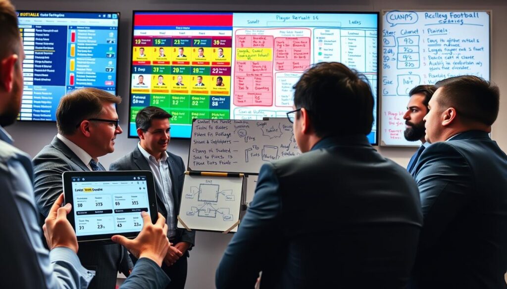 A dynamic college football strategy meeting scene, showcasing a group of professional men and women in smart casual attire, deeply engaged in roster management discussions. In the foreground, a digital tablet displays player statistics and transfer updates, while a large screen in the background projects a colorful grid of potential recruits' profiles and eligibility status. The middle of the image features a whiteboard filled with diagrams and notes about players' fits in various offensive and defensive schemes. The lighting is bright and focused, creating a high-energy atmosphere. The angle is slightly elevated, capturing both the intensity of the discussions and the collaborative spirit among the team, emphasizing the urgency of roster decisions in the context of the college football transfer portal.