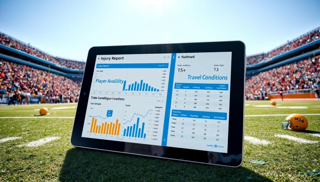 A dynamic composition illustrating the UCLA injury report and SP+ analysis for football. In the foreground, display a digital tablet featuring graphs and statistics related to player availability and injury status alongside a clear chart indicating travel conditions and weather forecasts. In the middle ground, incorporate elements of a football field with subtle accents of UCLA's colors (blue and gold) and equipment scattered around, suggesting a game setup. The background should show a stadium filled with cheering fans under bright, clear skies, emanating excitement and energy. Utilize bright, natural lighting to highlight the data on the tablet while ensuring a professional and analytical mood throughout the scene. Focus on creating a sports analysis atmosphere with an emphasis on clarity and detail in the data displayed.