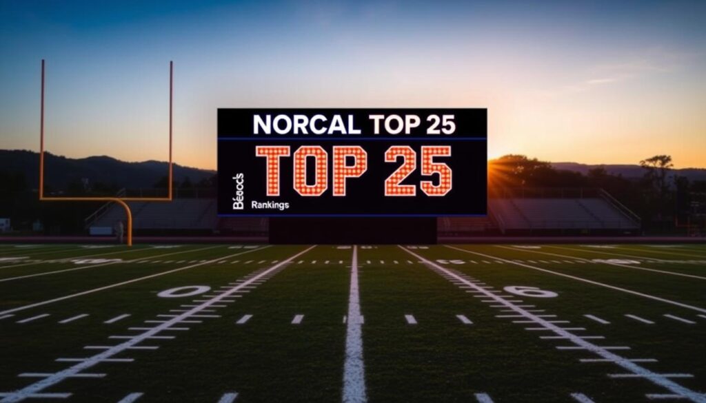 A dynamic composition showcasing the "NorCal Top 25 football rankings" with the foreground featuring a football field marked with yard lines and goal posts, symbolizing the competitive spirit of high school football. In the middle, a stylized scoreboard displays the rankings, highlighted with vibrant colors reflecting energy and excitement. In the background, a picturesque sunset casts a warm golden glow over the field, creating a dramatic contrast with the cool blue of twilight, accentuating the sense of anticipation for upcoming games. The atmosphere is lively and thrilling, capturing the essence of high school football culture in Northern California. The image is devoid of any text, focusing solely on visual elements to convey the subject matter.