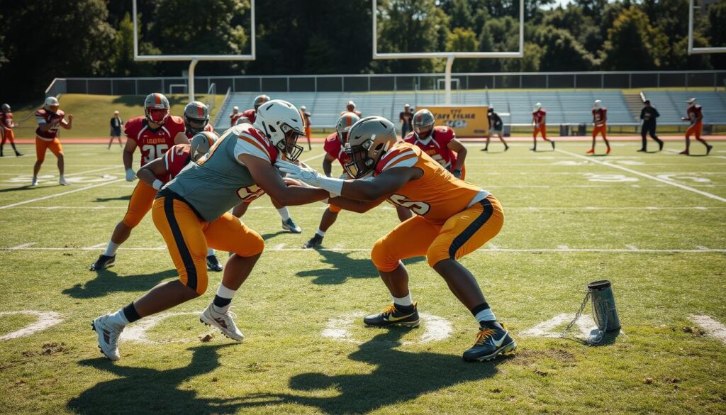 A dynamic high school football scene capturing a group of standout offensive and defensive linemen in action on the field. In the foreground, focus on two players in a tense standoff, showcasing their leverage techniques; one player is driving forward with determination, while the other is bracing against the push. In the middle ground, additional linemen engage in various positions, illustrating the strategic maneuvers during a practice drill. The background features a football field marked with yard lines and goalposts, under bright sunlight, casting sharp shadows. Use a wide-angle lens to emphasize the depth and intensity of the action. The atmosphere is energetic, filled with the excitement and camaraderie typical of high school sports, highlighting the essence of teamwork and competition.