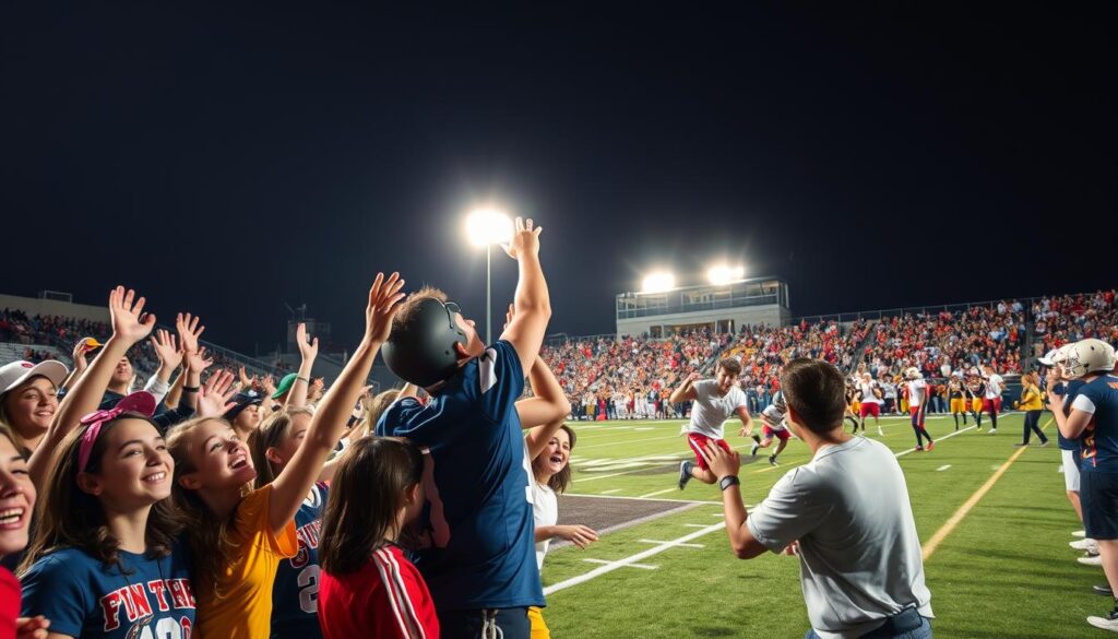 A dynamic scene capturing the excitement of high school football highlights in Northern California. In the foreground, a diverse group of enthusiastic students, dressed in team colors, cheer passionately, displaying energy and camaraderie. In the middle ground, a dramatic shot of players executing a thrilling touchdown, frozen in time, showcasing intense expressions and athleticism. The background features a lively football stadium filled with spirited fans under bright stadium lights, creating a warm, inviting glow. The atmosphere is electric, embodying the essence of Friday night lights. Capture this moment with a wide-angle lens to emphasize the action and emotion, illuminated by the bright overhead lights, enhancing the vibrant colors of the scene. The overall mood is uplifting and exhilarating, reflecting the joy and unity of high school football. A dynamic scene capturing the excitement of high school football highlights in Northern California. In the foreground, a diverse group of enthusiastic students, dressed in team colors, cheer passionately, displaying energy and camaraderie. In the middle ground, a dramatic shot of players executing a thrilling touchdown, frozen in time, showcasing intense expressions and athleticism. The background features a lively football stadium filled with spirited fans under bright stadium lights, creating a warm, inviting glow. The atmosphere is electric, embodying the essence of Friday night lights. Capture this moment with a wide-angle lens to emphasize the action and emotion, illuminated by the bright overhead lights, enhancing the vibrant colors of the scene. The overall mood is uplifting and exhilarating, reflecting the joy and unity of high school football.