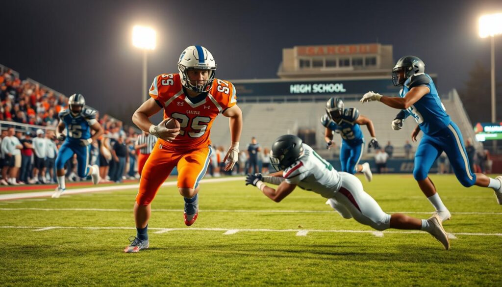 A dynamic scene depicting a high school running back in action on a football field, showcasing elite vision and contact balance. In the foreground, the athlete, wearing a modern football uniform in vibrant colors, is skillfully maneuvering past an opposing defender with a focused expression. In the middle ground, other players are engaged in the game, with one trying to tackle the running back, highlighting his agility and strength. The background consists of cheering spectators and a school banner, under bright stadium lights casting a warm glow on the field. The image captures a moment of determination and excitement, emphasizing the running back's composure in intense gameplay, shot from a low angle to accentuate movement and athleticism.