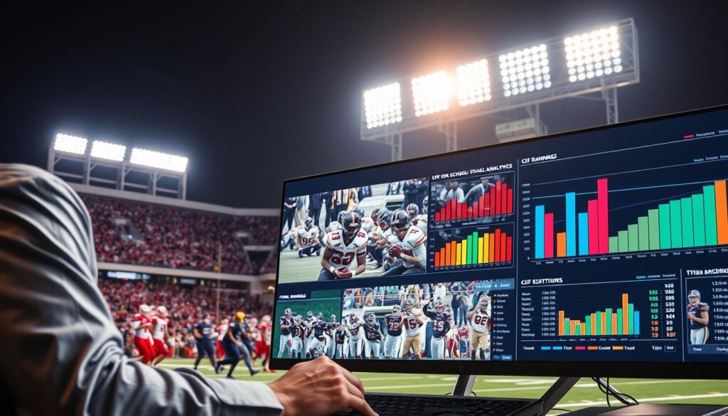 A dynamic scene illustrating CIF rankings stock analysis for high school football teams. In the foreground, a professional analyst in smart casual attire intently examines a large, interactive digital screen displaying colorful graphs and statistics. The middle layer features images of various high school football teams in action, with players in uniforms showcasing their skills, emphasizing both competitive spirit and teamwork. The background displays a vibrant stadium filled with cheering fans under bright stadium lights, capturing the excitement of a Friday night game. The overall atmosphere is one of energy and determination, highlighting the highs and lows of team performances. Soft, focused lighting enhances the professionalism of the analyst's workspace, creating a dynamic and engaging visual narrative.