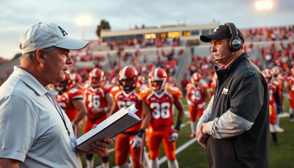 A dynamic scene of a high school football game in Northern California, capturing a tense moment where a coach discusses pivotal decisions with his staff on the sidelines. In the foreground, the coach is wearing a crisp polo shirt and a cap, intensely analyzing a game strategy on a clipboard, flanked by focused assistant coaches in professional attire. In the middle ground, players in brightly colored jerseys are on the field, with an intense look reflecting the game's momentum. The background features a packed stadium under evening lights, casting a warm glow over the scene. The atmosphere is electric with excitement and anticipation, showcasing the strategic essence of coaching decisions in high school football. The angle is slightly elevated to provide a panoramic view, emphasizing both the gravity of the moment and the vibrant energy of the game. A dynamic scene of a high school football game in Northern California, capturing a tense moment where a coach discusses pivotal decisions with his staff on the sidelines. In the foreground, the coach is wearing a crisp polo shirt and a cap, intensely analyzing a game strategy on a clipboard, flanked by focused assistant coaches in professional attire. In the middle ground, players in brightly colored jerseys are on the field, with an intense look reflecting the game's momentum. The background features a packed stadium under evening lights, casting a warm glow over the scene. The atmosphere is electric with excitement and anticipation, showcasing the strategic essence of coaching decisions in high school football. The angle is slightly elevated to provide a panoramic view, emphasizing both the gravity of the moment and the vibrant energy of the game.