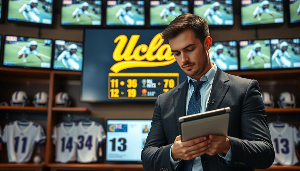 A dynamic sports analysis scene depicting UCLA football transfers. In the foreground, a professional sports analyst, wearing business attire, reviews player stats on a digital tablet, surrounded by video monitors showcasing clips of incoming transfer players in action on the field. The middle layer features a large screen displaying a vibrant UCLA football logo intertwined with player profiles and key statistics. The background captures a locker room environment, with jerseys and helmets, creating a team spirit atmosphere. Soft, focused lighting enhances the details of the players' highlights on the screens, while a shallow depth of field draws attention to the analyst's concentrated expression. The overall mood is analytical and energetic, emphasizing the excitement of the transfer season in college football.