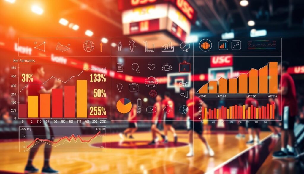 A dynamic sports analytics visualization focusing on USC Trojans basketball performance metrics, showcasing various key performance indicators (KPIs). In the foreground, visually striking graphs and charts display statistics such as shooting percentages, rebounds, assists, and turnovers, using vibrant colors. The middle ground features an overlay of basketball-themed icons and symbols, representing data-driven analysis in sports. In the background, a blurred image of a USC Trojans basketball court with players in professional basketball attire engaged in training, illuminated by bright arena lights. The atmosphere should feel energetic and focused, capturing the essence of performance metrics driven by competition and teamwork. The composition should be well-balanced, with a clear, professional appearance devoid of any text or annotations. A dynamic sports analytics visualization focusing on USC Trojans basketball performance metrics, showcasing various key performance indicators (KPIs). In the foreground, visually striking graphs and charts display statistics such as shooting percentages, rebounds, assists, and turnovers, using vibrant colors. The middle ground features an overlay of basketball-themed icons and symbols, representing data-driven analysis in sports. In the background, a blurred image of a USC Trojans basketball court with players in professional basketball attire engaged in training, illuminated by bright arena lights. The atmosphere should feel energetic and focused, capturing the essence of performance metrics driven by competition and teamwork. The composition should be well-balanced, with a clear, professional appearance devoid of any text or annotations.