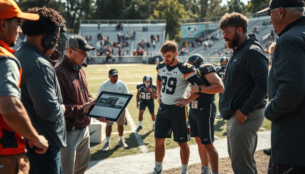 A dynamic sports scene focused on injury analysis in high school football. In the foreground, a diverse group of coaches, clad in professional sports attire, huddle together looking at a digital tablet showcasing injury statistics and player stats. In the middle, an injured player is being attended to by a calm trainer on the sideline, with medical equipment nearby. In the background, a well-maintained football field is depicted under bright natural lighting, with fans in the stands and cheering students to convey anticipation. The atmosphere is tense yet focused, illustrating the importance of monitoring player health and performance. The image is captured from a low angle to emphasize the urgency of the situation, creating a sense of realism and importance around sports safety.
