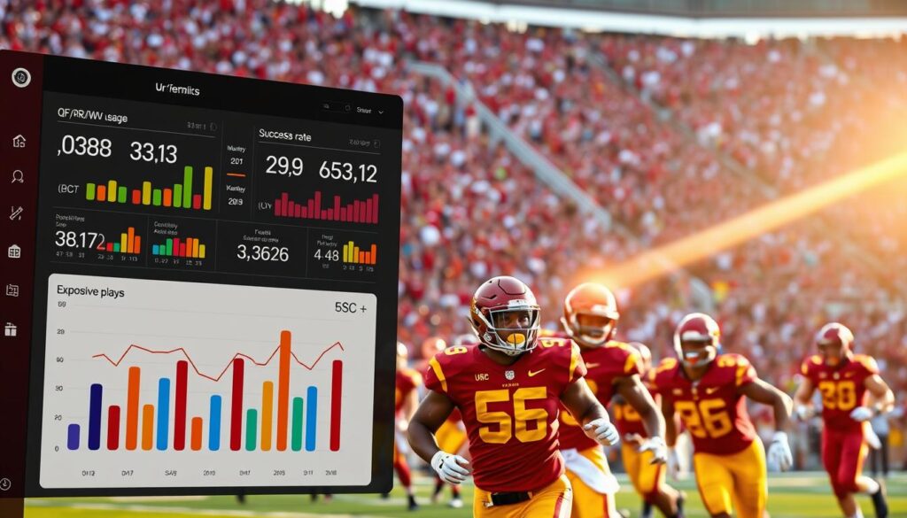 A dynamic visualization of USC offensive performance metrics, focusing on QB/RB/WR usage, success rate, and explosive plays. In the foreground, a sleek digital dashboard displaying colorful graphs and statistics such as bar charts and line graphs illustrating performance metrics. In the middle, a stylized representation of football players in action, wearing USC jerseys in vibrant colors, showcasing teamwork and athleticism. In the background, a blurred stadium scene with cheering fans, capturing the energy and excitement of a football game. Soft ambient lighting simulating late afternoon sun casts warm highlights on players, while a slight lens flare adds a dynamic feel. The atmosphere is intense and competitive, evoking the spirit of college football.