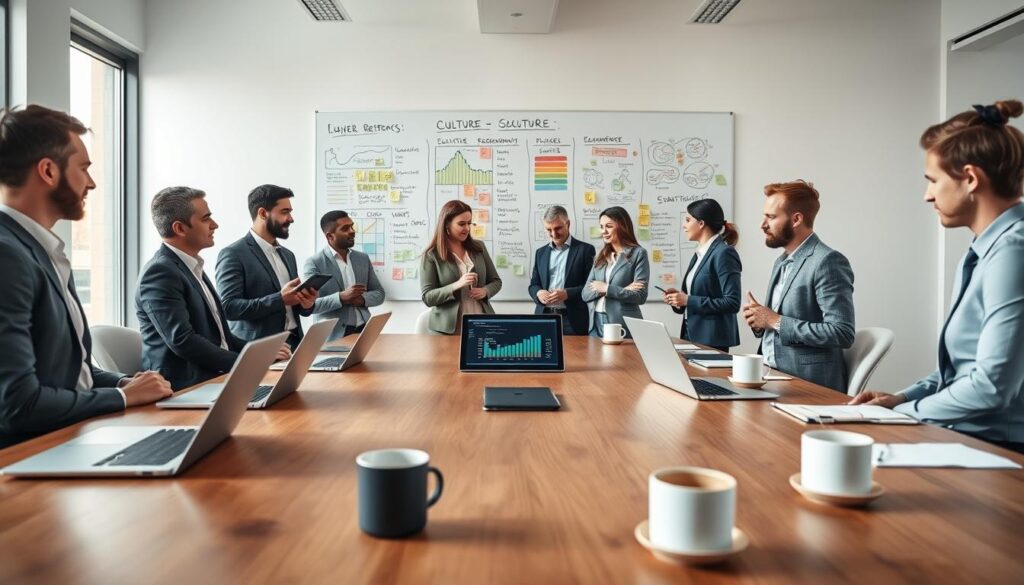 A professional office setting with a large wooden conference table at the foreground, featuring sleek laptops, notepads, and coffee mugs. In the middle, a diverse group of individuals dressed in smart casual attire is engaged in a dynamic discussion about roster strategies and player retention. Some are looking at a digital tablet displaying player analytics, while others take notes. In the background, a large whiteboard filled with colorful graphs, charts, and post-it notes reflects the influence of culture and NIL factors on team dynamics. The room is well-lit with soft, natural light streaming through large windows, creating a warm and collaborative atmosphere. The angle captures the camaraderie among the group, emphasizing teamwork and strategic planning.