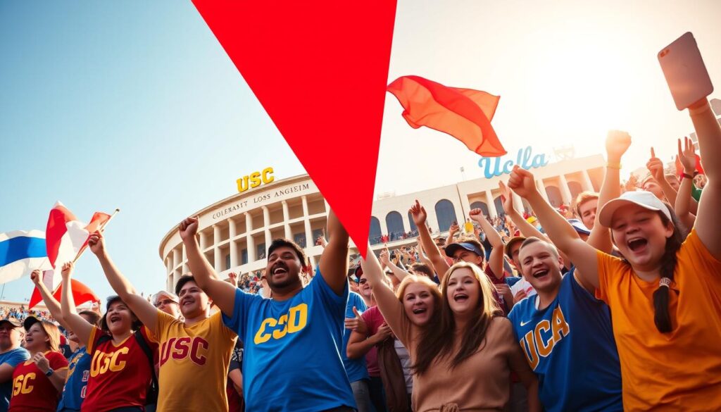 A split-screen composition showcasing the intense rivalry between USC and UCLA. In the foreground, two groups of fans passionately cheering, dressed in USC cardinal and gold on one side and UCLA blue and gold on the other, with spirited expressions and team flags waving. The middle layer features iconic elements: USC's iconic Coliseum and UCLA's Pauley Pavilion, each highlighted with vibrant details. The background depicts a sunny Los Angeles skyline, symbolizing the hype surrounding the match. The atmosphere is electric with excitement and anticipation, captured in a dynamic angle that conveys movement. Soft, warm lighting enhances the lively mood, creating an engaging and inviting scene, perfect for sports analysis and predictions.