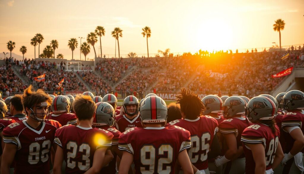 A vibrant, high-energy scene capturing the intensity of a Southern California high school football rivalry game. In the foreground, a group of diverse, enthusiastic high school players in their team's jerseys, displaying determination and camaraderie, preparing for the game. The middle ground features a packed stadium filled with excited fans waving banners and wearing team colors, embodying the passionate rivalry atmosphere. In the background, the sun sets over palm trees, casting a warm golden light that enhances the excitement. Capture the moment with a dynamic angle, highlighting the players in a huddle and fans in the stands, evoking a sense of nostalgia and community spirit. The mood is electric and competitive, perfect for illustrating classic SoCal football rivalries during rivalry week.