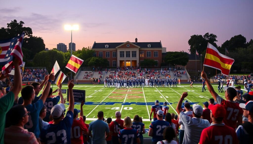 A vibrant high school football scene capturing rich traditions and community spirit during Rivalry Week. In the foreground, enthusiastic fans wearing school colors wave banners and wear jerseys, showcasing their pride and excitement. The middle ground features a classic football field under bright stadium lights, with players in matching uniforms preparing for the game, displaying a sense of camaraderie and competitive spirit. In the background, a historic school building symbolizes legacy and support, with trees lining the sidelines, creating a welcoming atmosphere. The lighting casts warm tones, emphasizing evening excitement. The image conveys a lively, spirited mood, highlighting the deep connections within the community and the importance of football traditions in California high schools.