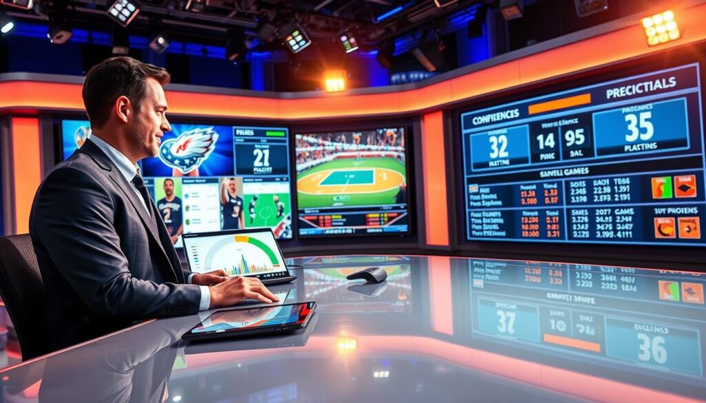 A vibrant scene depicting a sports analysis setting focused on prep games predictions for East Bay area competitions. In the foreground, a professional analyst dressed in smart casual attire sits at a sleek, modern desk filled with game stats, player images, and a digital tablet displaying a confidence meter. The middle layer features large screens showing team logos, recent game highlights, and animated charts illustrating predictions. The background consists of a dynamic sports studio setting with energetic lighting and colors, creating an atmosphere of excitement and anticipation. The perspective is slightly angled to emphasize the analyst, as warm light from overhead fixtures casts a welcoming glow, enhancing the engaging and informative vibe of the prediction segment.