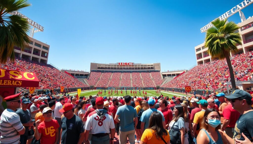 A vibrant scene showcasing the USC Coliseum during a lively game day atmosphere, filled with enthusiastic fans dressed in USC and UCLA colors. In the foreground, a diverse group of fans enjoying a tailgate party with colorful banners, classic picnic setups, and spirited decorations, all under bright sunshine. The middle ground features the iconic Coliseum with its grand architecture, cheerleaders performing, and players warming up on the field. In the background, a clear blue sky frames the stadium, creating an inviting and energetic mood. The image is captured with a wide-angle lens to emphasize the scale of the Coliseum and suggest an immersive viewing experience, highlighting the excitement of the day without any text or distractions.