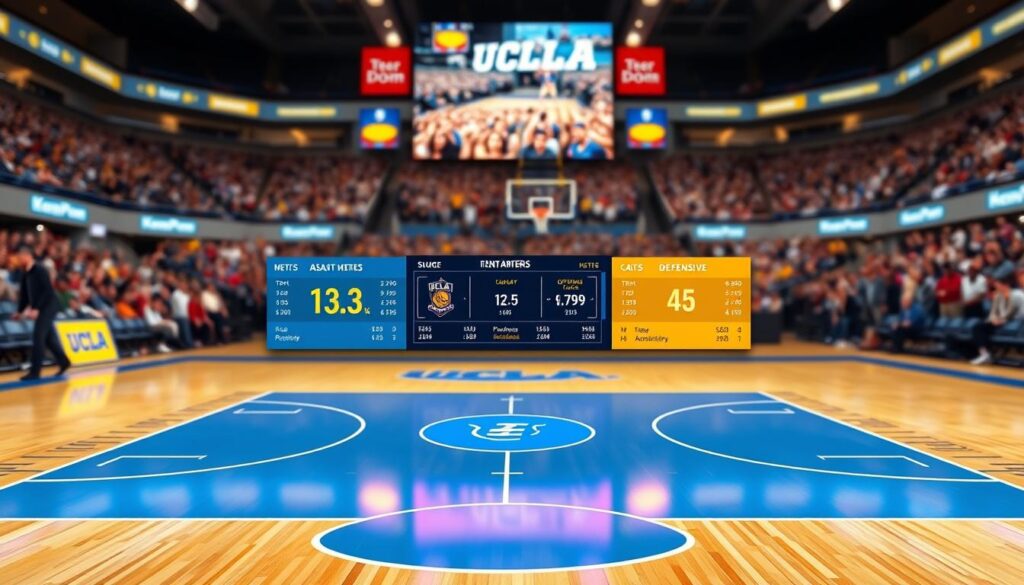 An analytical sports environment focused on a KenPom matchup analysis for UCLA basketball. In the foreground, a basketball court layout with detailed statistics displayed, including player metrics, team rankings, and shot charts, rendered in crisp, vibrant colors. The middle section features a digital scoreboard showcasing UCLA's upcoming opponent, with numerical ratings and visual graphs illustrating offensive and defensive efficiencies. In the background, a large screen shows a blurred crowd in a stadium atmosphere, emphasizing excitement. The lighting is bright, with a focus on clarity and contrast, emulating a professional sports analysis setting. The mood is analytical yet engaging, aimed at sports enthusiasts and analysts.