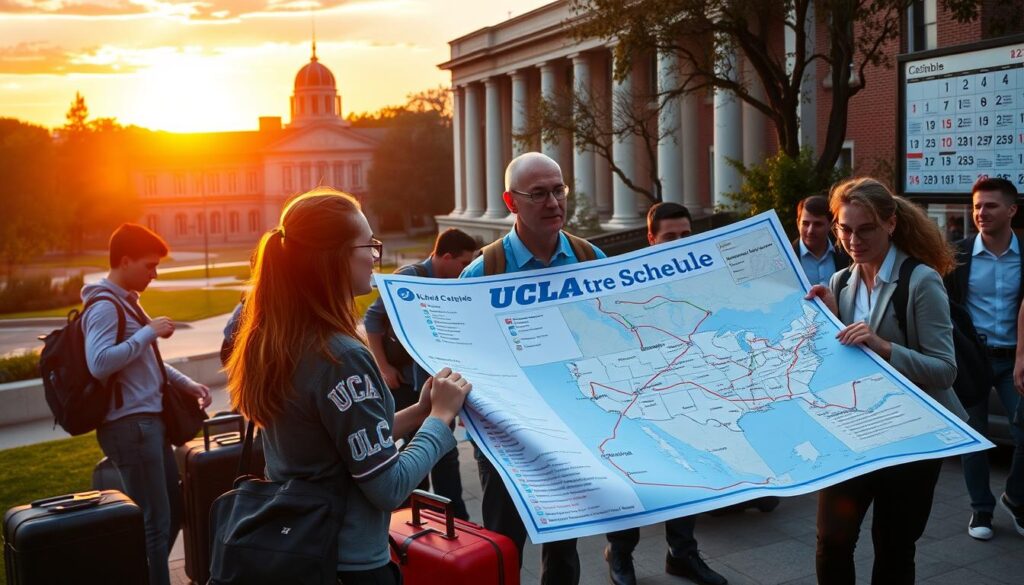 A busy college campus scene depicting UCLA athletes, dressed in professional casual attire, navigating unique travel challenges associated with the Big Ten schedule. In the foreground, a group of focused student-athletes consults a large map, highlighting various travel routes to different cities for games. The middle ground features iconic UCLA landmarks, such as the Royce Hall, blending with travel-themed elements like suitcases and a calendar filled with scheduled games. In the background, a vibrant sunset casts warm light over the scene, creating an atmosphere of excitement and determination. The view suggests a dynamic and challenging journey that embodies the spirit of competition and camaraderie in college sports. The composition captures the essence of scheduling quirks in football, basketball, and Olympic sports, emphasizing the hustle and adaptability required in this new league.