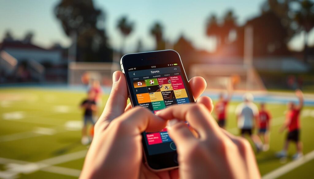 A close-up view of a smartphone displaying a digital calendar app synced with local high school sports schedules. In the foreground, the phone is held by a person in casual attire, fingers gently tapping on the screen. The middle layer shows the calendar interface filled with colorful icons representing different sporting events, like football, basketball, and soccer. The background features a blurred outdoor scene of a high school sports field, with faint outlines of cheering fans and goalposts, capturing the excitement of local sports. The lighting is warm and inviting, suggesting a sunny California afternoon. The mood is energetic and focused, reflecting the enthusiasm of following local sports on mobile devices.