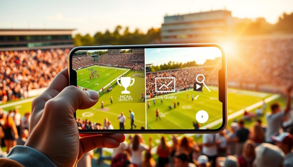 A digital collage showcasing the comparison of streaming qualités for high school sports games. In the foreground, display a smartphone held by a person in casual, modest clothing, showing a split-screen view with one half depicting a clear, high-definition live stream and the other half displaying a pixelated, blurred image, representing lower quality. In the middle, include icons or symbols representing various streaming platforms like a trophy for high quality and a broken connection icon for low quality. In the background, illustrate a vibrant high school sports field, complete with cheering crowds and players in action, bathed in warm, late afternoon sunlight. Capture a lively, engaging atmosphere that emphasizes the excitement of local sports. Use a wide-angle lens effect for depth, highlighting the contrast in streaming experiences.