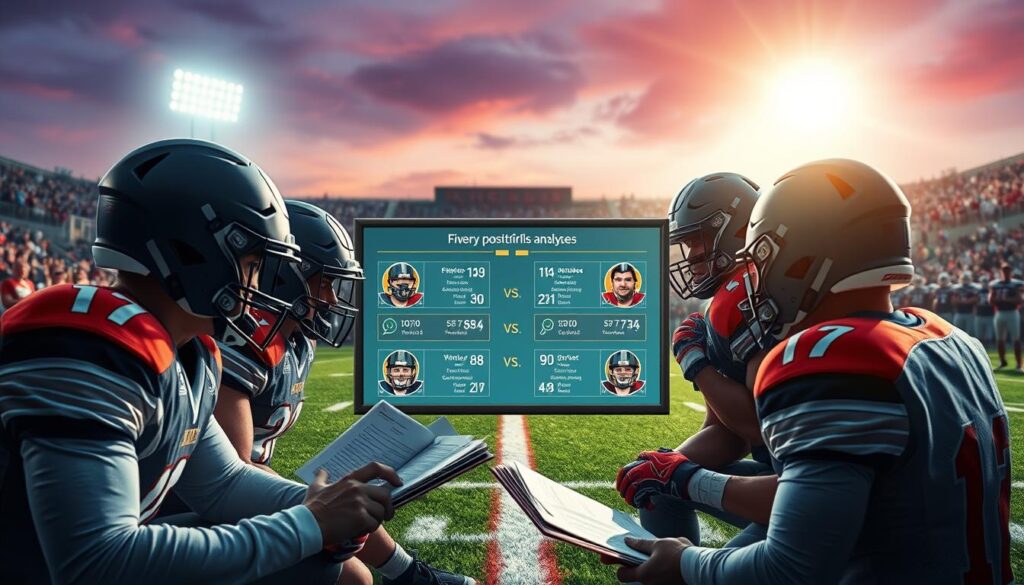 A dynamic and engaging football matchup analysis illustration, featuring a split-screen view of two high school football teams in a tense pre-game focused environment. In the foreground, football players in professional attire intensely study playbooks and strategize, showcasing a mix of motivation and determination. The middle ground highlights a digital screen displaying key statistics and player profiles, symbolizing the five key positional battles being analyzed. The background features a football field illuminated under bright stadium lights, with cheering fans blurred to convey excitement. Use a cinematic angle to enhance the sense of drama, capturing both teams' colors vividly. The mood is competitive and analytical, set in a twilight atmosphere that emphasizes anticipation for the upcoming game.