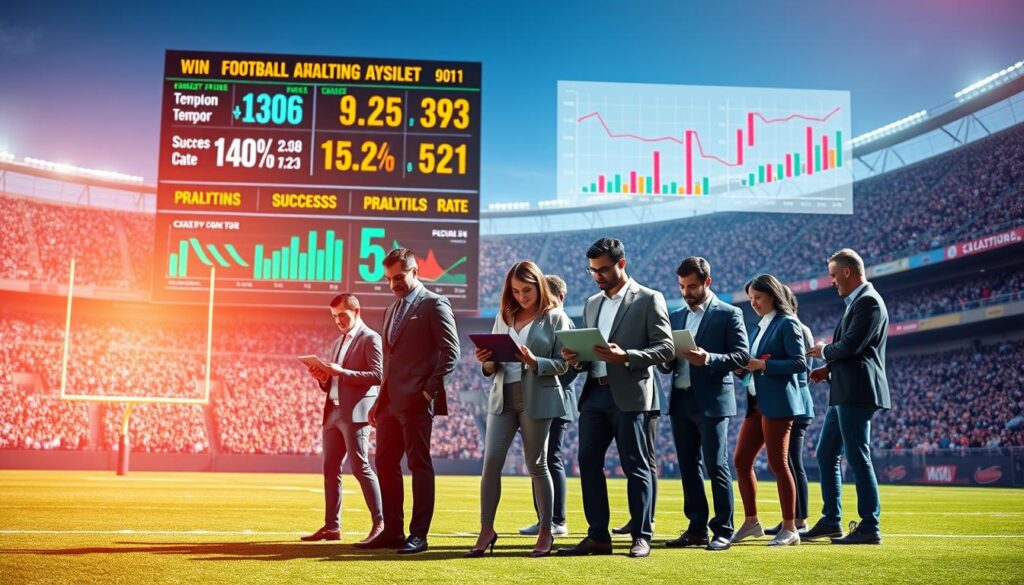 A dynamic and visually engaging image illustrating "football analytics win probability." In the foreground, a digital scoreboard features various statistics like tempo, success rate, and field position against a backdrop of a football field. The middle layer showcases a diverse group of analysts, dressed in smart casual attire, intensely analyzing data on tablets and laptops, surrounded by charts and graphs in vibrant colors. The background portrays a packed stadium with fans, evoking excitement and anticipation. The lighting is bright and focused, simulating a clear day, with an emphasis on the analytical ambiance. The overall mood is energetic and professional, blending the thrill of sports with the rigor of analytics, capturing the essence of modern football strategies.