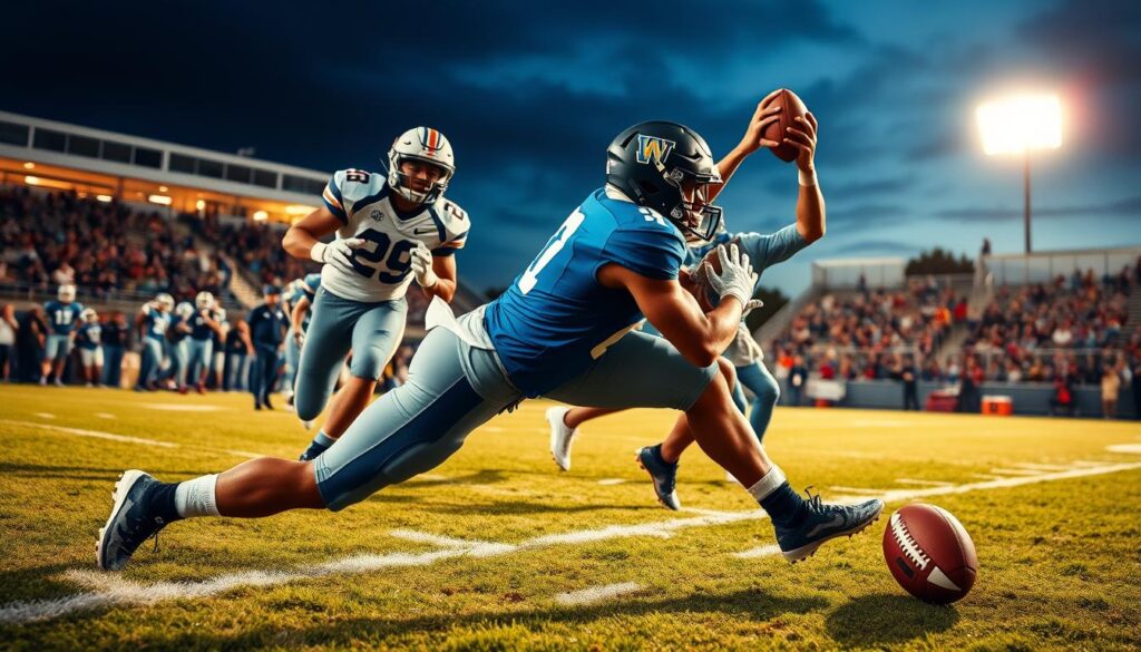 A dynamic scene capturing high school football defensive playmakers in action, showcasing a dramatic moment where a player executes a tackle for loss (TFL) and another intercepts a pass (INT). In the foreground, focus on a robust defensive player clad in a vibrant blue uniform, lunging to tackle an opposing runner. The middle ground features a second defender leaping to secure an interception, showcasing an intense expression of concentration. The background displays a lively football stadium under the bright evening lights, filled with cheering fans, creating a vibrant atmosphere. The composition uses a low-angle perspective to emphasize the athleticism and intensity of the players. The lighting enhances the colors of the uniforms, contrasting with the dusk sky, invoking a sense of excitement and energy in the air.