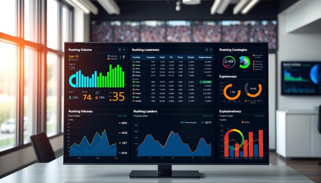 A sleek and modern analytics dashboard focused on rushing leaders in high school football, displayed prominently in a well-lit office environment. In the foreground, various interactive graphs and charts showcase rushing volume and explosiveness metrics, featuring vibrant colors like deep blue, bright green, and striking orange to highlight key statistics. The middle area includes a large central panel displaying player rankings, along with dynamic visual representations of performance data. In the background, a blurred image of a football field subtly enhances the theme, bathed in soft, natural lighting that creates an inspiring atmosphere. The camera angle is slightly angled from above, giving a comprehensive view of the dashboard while maintaining clarity on individual metrics, evoking a mood of professionalism and excitement around football analytics.