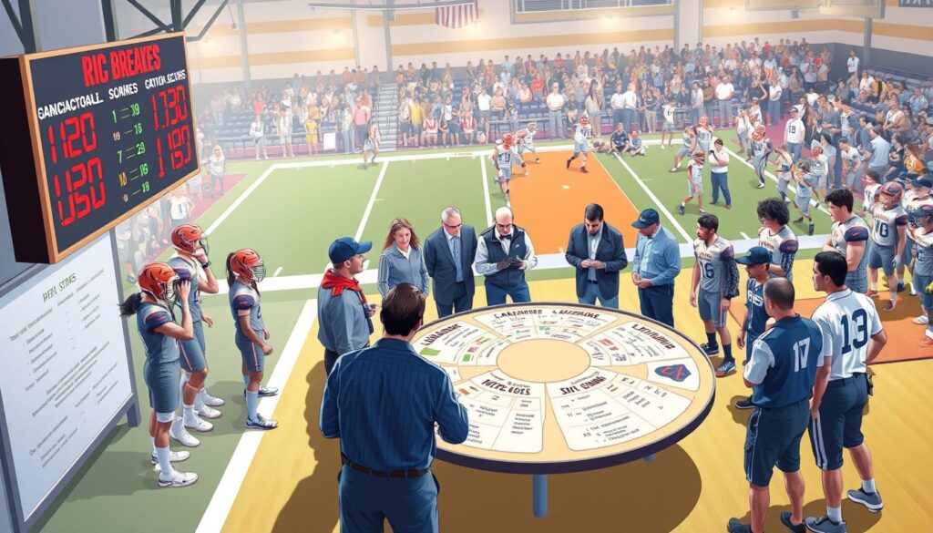 A vibrant, informative illustration of the Sac-Joaquin Section tiebreakers in high school sports. In the foreground, a scoreboard displaying current game scores against a backdrop of athletes in professional sportswear, engaged in teamwork and strategizing. In the middle ground, a diverse group of officials and coaches reviewing rules, surrounded by a circular table with charts and diagrams of tiebreak scenarios. The background features a dynamic sports environment—players warming up on a field or court, emphasizing the competitive atmosphere. Utilize soft, natural lighting to create an engaging scene, capturing the urgency and excitement of playoff scenarios. A wide-angle view to encompass the action, utilizing a depth of field that highlights key elements without any text or distractions.