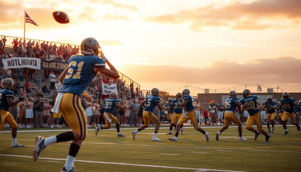 A vibrant scene capturing a high school football game in San Diego, showcasing players in blue and gold uniforms intensely competing on the field. In the foreground, a dynamic play unfolds, highlighting a quarterback throwing a pass to a receiver. The middle ground features enthusiastic fans in the stands, waving banners and cheering passionately, while cheerleaders in modest uniforms perform spirited routines. The background reveals a picturesque coastal sunset, casting warm, golden light over the stadium, enhancing the atmosphere of excitement and anticipation. The image is framed with a slight tilt for a dynamic effect, as if freezing a pivotal moment in a critical game. The mood is electric, filled with energy and emotion, symbolizing the importance of these games in the playoff seeding process.