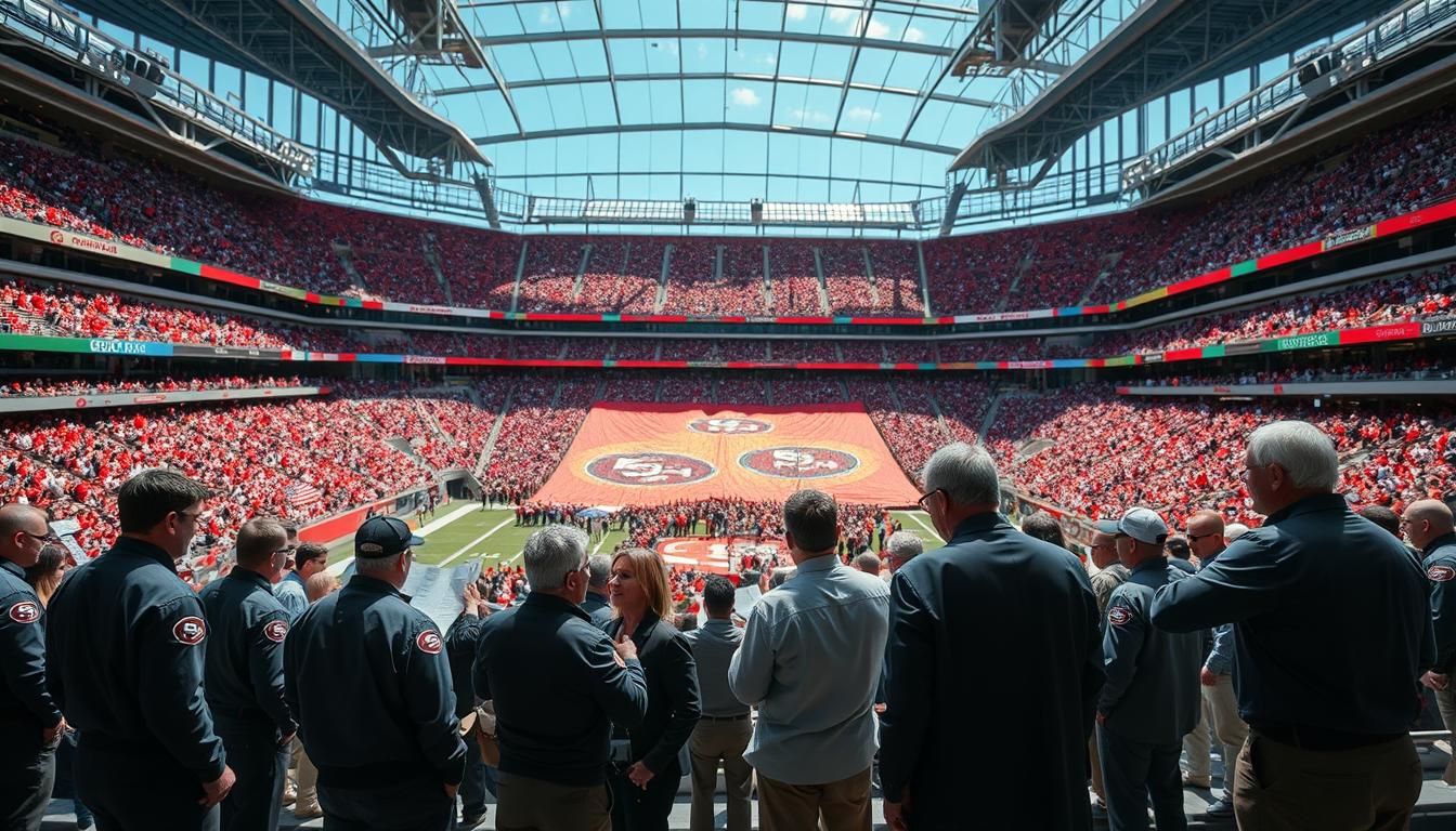 A bustling stadium operations scene inside Levi’s Stadium, showcasing the coordination of a large tifo display. In the foreground, a diverse group of stadium staff in professional attire is engaged in strategic discussions, reviewing blueprints and coordinating logistics. The middle ground features a vibrant tifo being held up by enthusiastic fans, displaying team colors and intricate designs. The background reveals the expansive stadium filled with cheering supporters, with clear skies and bright stadium lights illuminating the scene. Use a wide-angle perspective to capture the energy and scale of the event, highlighting the organized chaos and cooperation among staff. The atmosphere is dynamic and exciting, reflecting the spirit of a 49ers game day.