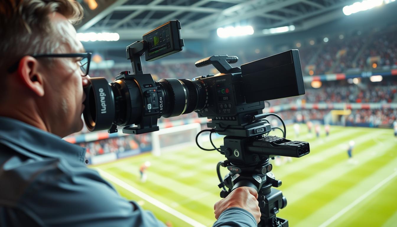 A camera operator in professional attire is skillfully controlling a high-tech broadcast camera situated on a rail system, capturing dynamic movements during a live sports event. In the foreground, the operator's focused expression and the camera's complex controls are the focal points. The middle ground showcases the sleek rail system allowing for smooth tracking shots, with the vibrant energy of a sports crowd and players in mid-action blurred slightly to imply motion. The background features stadium lights illuminating the scene, creating a lively, exciting atmosphere. The lighting is dramatic, highlighting the operator's concentration while softening the surrounding hustle of the sports event. The image has a cinematic angle, portraying an immersive experience in sports broadcasting. A camera operator in professional attire is skillfully controlling a high-tech broadcast camera situated on a rail system, capturing dynamic movements during a live sports event. In the foreground, the operator's focused expression and the camera's complex controls are the focal points. The middle ground showcases the sleek rail system allowing for smooth tracking shots, with the vibrant energy of a sports crowd and players in mid-action blurred slightly to imply motion. The background features stadium lights illuminating the scene, creating a lively, exciting atmosphere. The lighting is dramatic, highlighting the operator's concentration while softening the surrounding hustle of the sports event. The image has a cinematic angle, portraying an immersive experience in sports broadcasting.