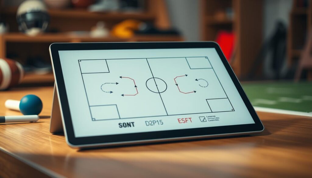 A close-up view of a modern tablet screen displaying intricate sports play diagrams for analytics and film study. The focus is on detailed illustrations of offensive and defensive formations, complete with arrows and notes highlighting strategic insights. The tablet is resting on a sleek wooden table, surrounded by a blurred background featuring sports equipment and a softly lit study environment. Warm ambient lighting creates an inviting atmosphere, with soft shadows adding depth. The angle captures the tablet at a slight tilt, emphasizing the diagrams while ensuring the background remains unobtrusive. The scene conveys professionalism and dedication, reflecting the importance of analytics tools and film study in sports leadership.