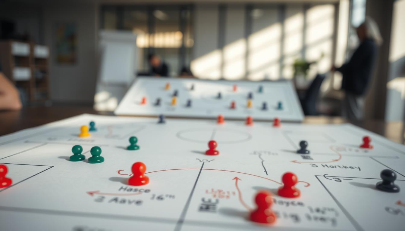 A close-up view of a soccer tactics board featuring strategic set pieces, showcasing colorful player markers arranged in various formations. In the foreground, focus on detailed diagrams highlighting potential roster moves, with arrows and notes illustrating tactical strategies. The middle ground reveals a well-organized board, emphasizing the importance of asset management in a matchday context. The background is softly blurred to suggest an office environment, hinting at preparation for a game day. Natural lighting streams in, casting gentle shadows that add depth. The mood is one of focused determination, capturing the intensity and strategy involved in soccer tactics. No text or watermarks present.