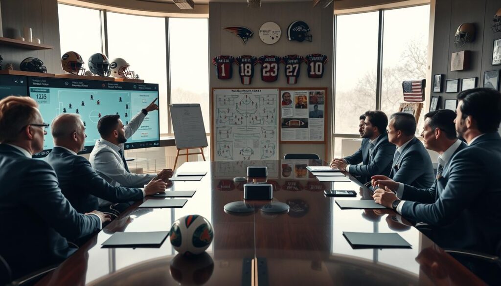 A detailed football meeting room set up for a legendary strategy session. In the foreground, a sleek, polished conference table is surrounded by a diverse group of professionals in business attire, deeply engaged in discussion. One person points to a large digital screen displaying play diagrams and statistics. In the middle ground, football memorabilia, including helmets and jerseys of iconic players, adorns the walls, while a tactical board filled with drawings of formations stands beside them. In the background, large windows allow natural light to flood the room, casting soft shadows and enhancing the focused atmosphere. The overall mood is intense and collaborative, capturing the essence of preparation during crucial game moments, framed from a slightly elevated angle to convey depth and importance.