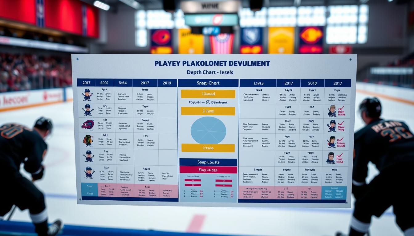 A detailed hockey player development depth chart displayed prominently in the foreground, featuring stylized player icons representing varying skill levels and positions, highlighting their development stages. In the middle ground, a well-organized infographic layout presents statistics and snap counts, with clear segmented sections for forwards, defensemen, and goalies, using a vibrant color scheme to differentiate levels. In the background, a blurred ice rink setting subtly hints at an ongoing practice session, enhancing the atmosphere of player development. The image should have bright and focused lighting to emphasize the charts, viewed from a slightly elevated angle to capture all details, evoking a professional and analytical mood, suitable for a sports article without any text or distractions.