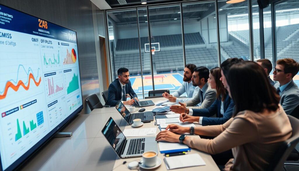 A detailed scene showcasing a basketball analytics meeting, with a diverse group of professionals in smart casual attire engaged in active discussions. In the foreground, a large digital screen displays colorful graphs and charts analyzing offensive ratings, on/off splits, and impact metrics. The middle ground features a conference table cluttered with laptops, papers, and coffee cups, while attendees gesticulate and take notes, reflecting a collaborative atmosphere. In the background, a large window reveals a view of a basketball court, evoking a sporty environment. The lighting is bright and focused, emphasizing the seriousness of the discussion, with a lens perspective that captures both the intensity and camaraderie of the analytics team in a polished, modern conference room.