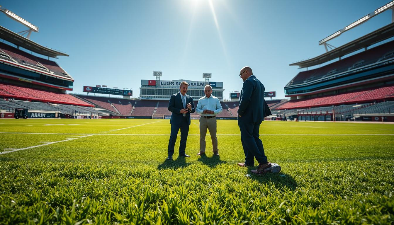 A detailed view of Levi's Stadium's sports science turf management, showcasing an immaculate, vibrant green playing field as the foreground. In the middle, a team of professional turf managers in business attire examines the grass, using high-tech sensors and soil moisture meters. They are concentrating on the condition of the turf and discussing environmental factors impacting the game. The background captures the iconic stadium structure with a clear blue sky, emphasizing sunlight streaming down onto the field, highlighting the dew on the grass blades. The mood is focused and analytical, embodying a sense of precision and professionalism in athletic operations. There's a cinematic depth of field effect, with a slight blur on the background, drawing attention to the turf scientists at work.