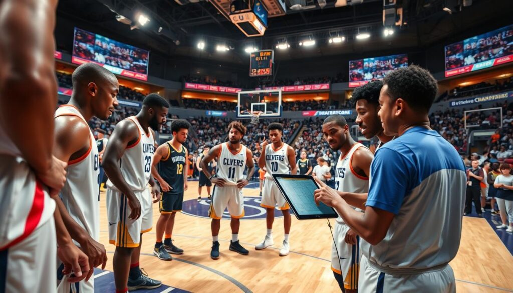 A dynamic basketball scene focused on performance routines and strategic adjustments during a game. In the foreground, a diverse group of athletes in professional basketball uniforms, demonstrating teamwork and intense focus while discussing tactical changes, pointing at a digital tablet displaying play diagrams. In the middle ground, the court is alive with players practicing movements and drills, showcasing different techniques. The background features an enthusiastic crowd in a well-lit arena, capturing the electric atmosphere of a competitive game night. Bright overhead lights illuminate the scene, casting dramatic shadows, while the angle captures the action from a slightly elevated perspective, drawing viewers into the strategy and collaboration inherent in basketball.