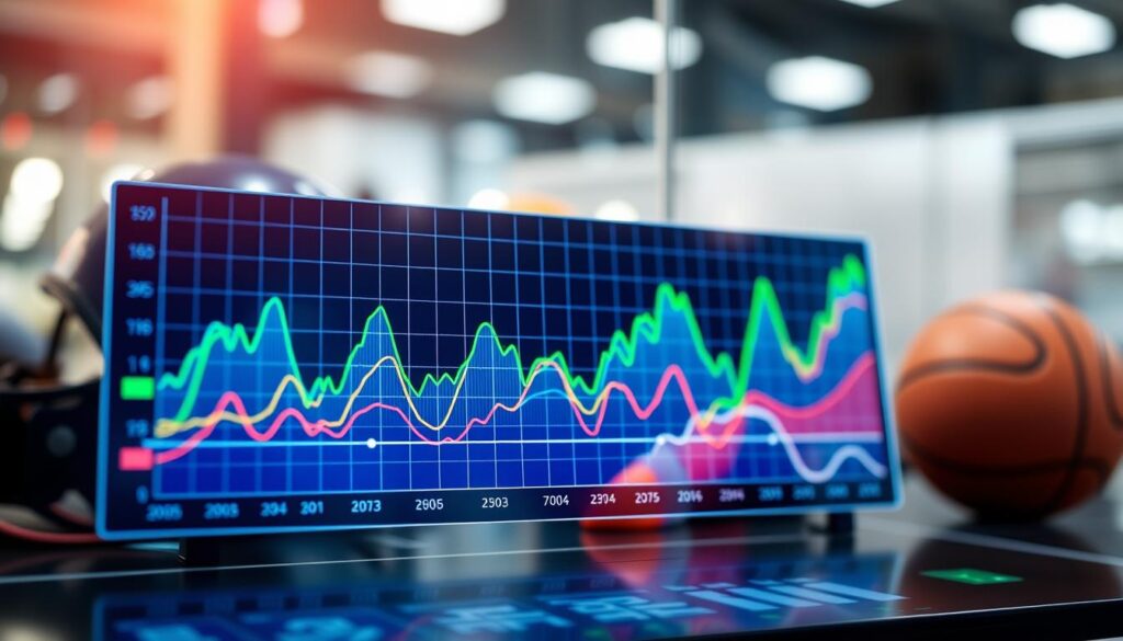 A dynamic data-driven sports analysis chart showcasing intricate performance trends, designed for a professional sports environment. In the foreground, vivid line graphs display statistical data with varying colors, illustrating player performance over time. Each line is labeled with distinct markers for clarity. The middle layer features a stylized grid background, emphasizing the data with contrasting shades of blue and green, symbolizing growth and analysis. The background is subtly blurred, filled with abstract representations of sports equipment and analysis tools, adding context without distraction. The lighting is bright and focused, enhancing the clarity of the graphs. The overall mood reflects professionalism and informed insight, suitable for a high-tech sports analysis atmosphere. No text or overlays are present in the image.