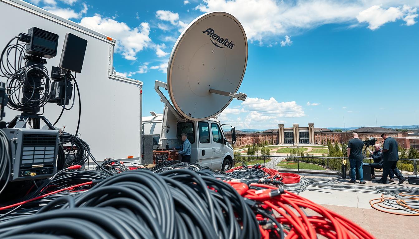 A dynamic scene capturing a college realignment feature broadcast truck in the foreground, featuring a large satellite uplink dish prominently positioned. Surrounding the truck are various technical equipment setups, including fiber optic cables and communication devices. The middle ground showcases a variety of cables leading towards an organized communications room, with technicians in professional attire working diligently. In the background, an expansive view of a college campus is visible under a clear blue sky, hinting at the excitement of collegiate sports. The lighting is bright and natural, creating a vibrant, industrious atmosphere. The perspective is slightly elevated, suggesting depth and movement, emphasizing the complexity and interconnectedness of modern sports broadcasting.